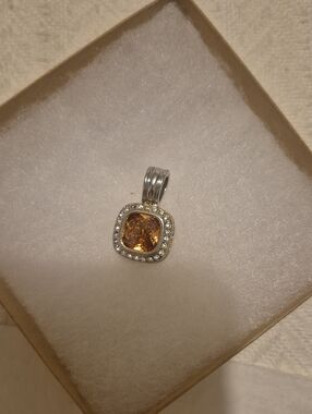 Silver Pendant with Amber-Cut Center Stone and Crystal Halo